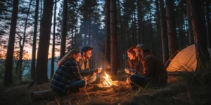 Friends camping with cannabis and enjoying a firelight evening.