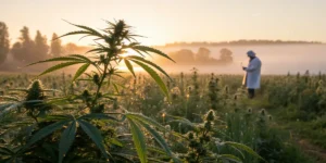 Early morning cannabis research field with a scientist collecting data.