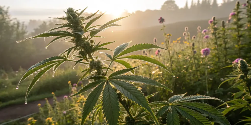 Cannabis plant in a sunlit garden representing natural relief for haemorrhoids.