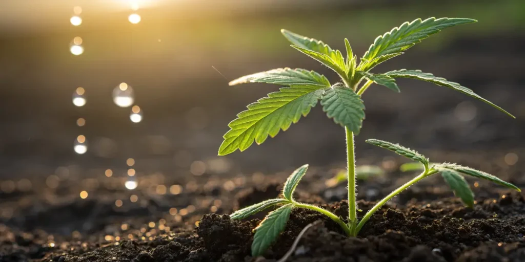 Small cannabis seedling growing in soil under sunlight.