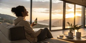 Person sitting on a sofa holding a CBD oil bottle while watching the sunset.
