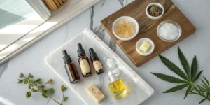 CBD concentrates and edibles displayed with natural ingredients.