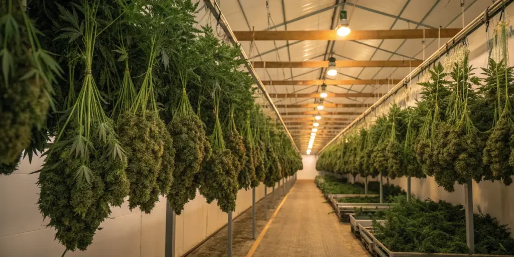 CBG-Force Auto cannabis buds drying indoors in a well-lit facility with wooden beams.