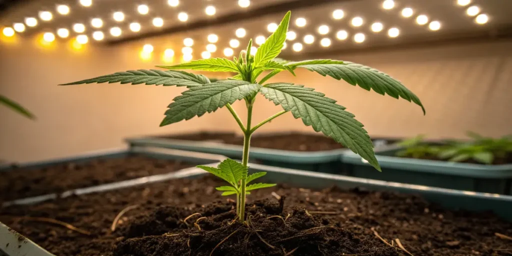 Young Colombian Jack cannabis seedling growing under LED lights in nutrient-rich soil.