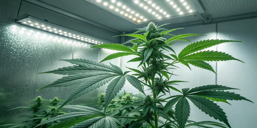 Cookies cannabis plant in an indoor grow room surrounded by other healthy plants.