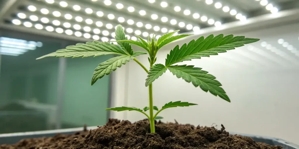 Cookies cannabis seedling in a tray with rich soil and controlled lighting conditions.