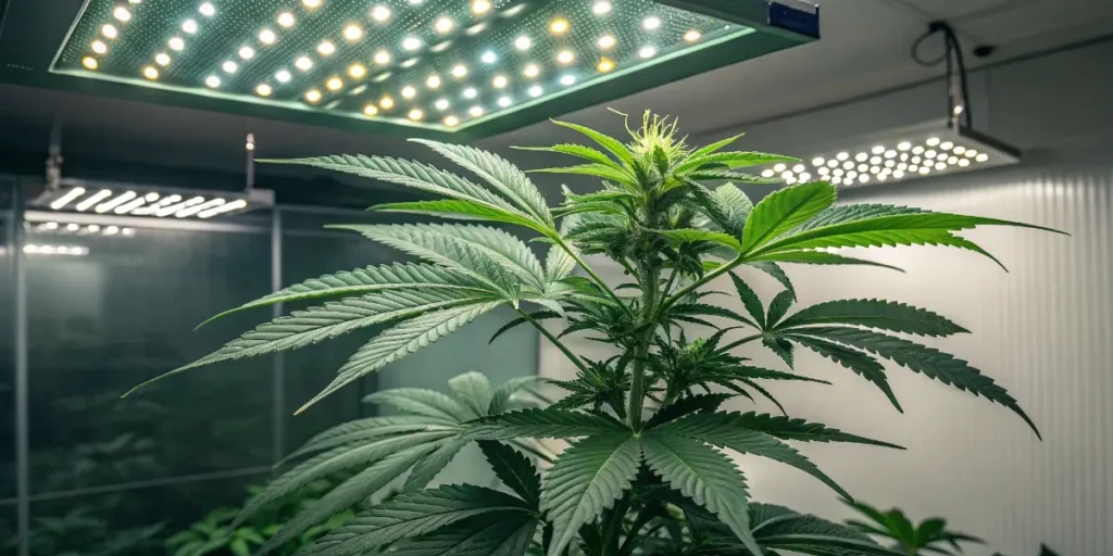 Cookies Haze cannabis plant growing under LED lights with lush green leaves.