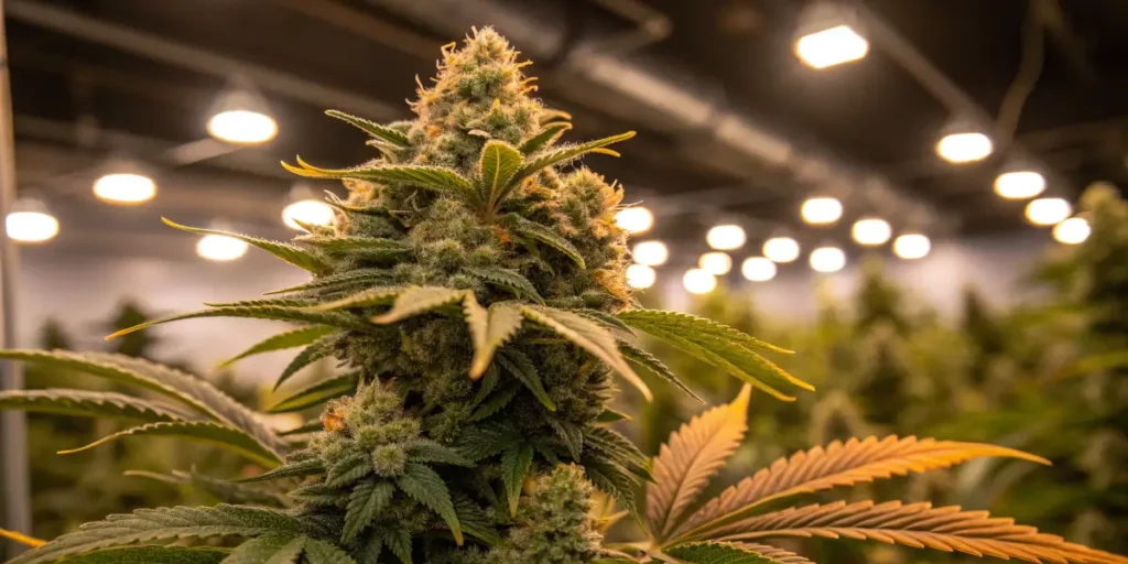 Corleone Kush Auto cannabis plant with dense buds in full bloom under warm lights.