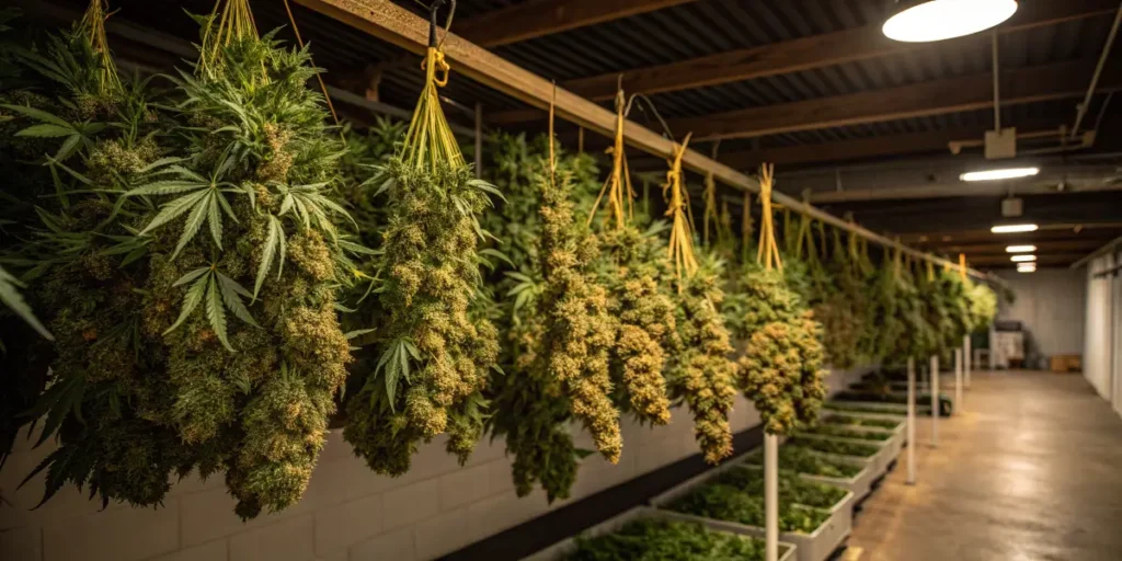 Harvested Critical Daddy Purple cannabis plants hanging to dry in a ventilated room.
