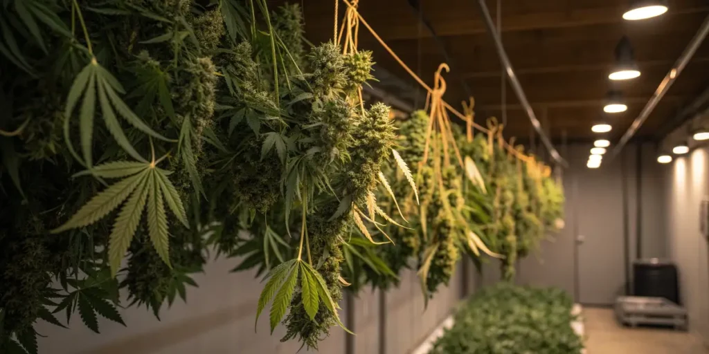 Critical Orange Punch cannabis buds drying after harvest under soft light.