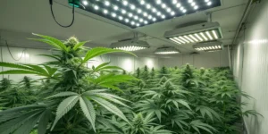 Critical Orange Punch cannabis plants in full bloom under LED grow lights.