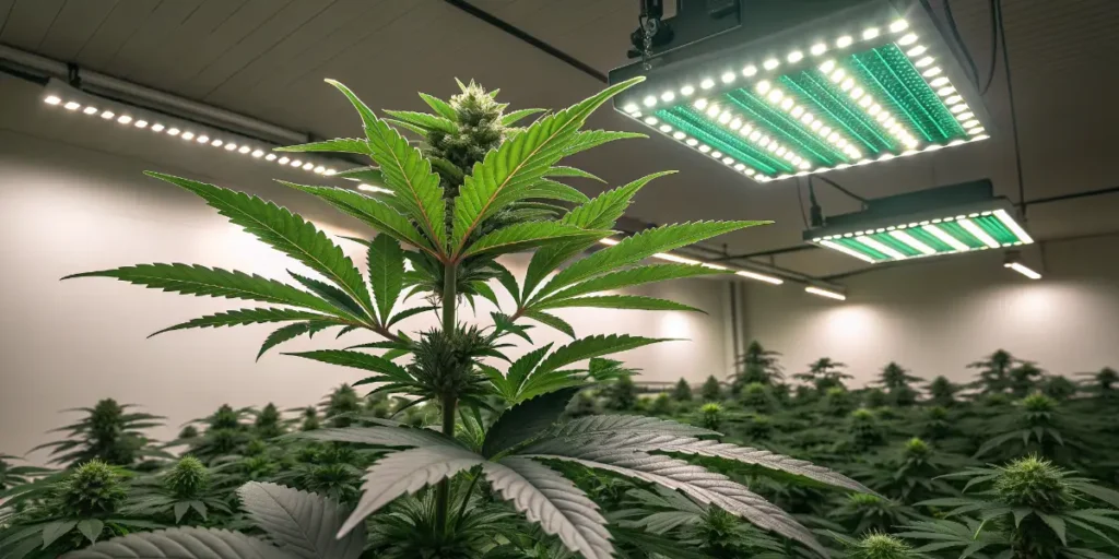 Critical Orange Punch cannabis plant illuminated by LED lights during flowering.
