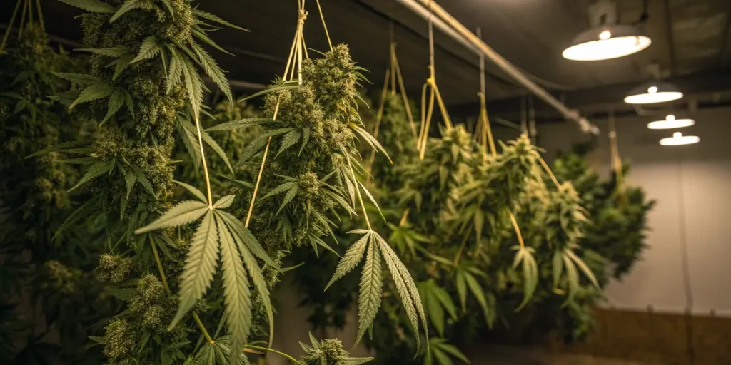 Harvested Critical Orange Punch cannabis plants hanging to dry in a ventilated room.
