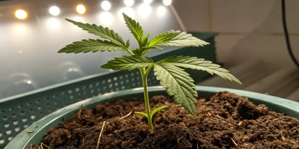 Do-Si-Dos cannabis seedling under grow lights in an indoor setup.