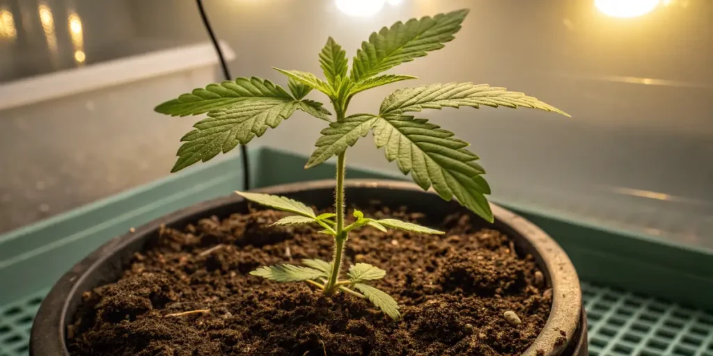 Young Do-Si-Dos cannabis seedling growing in soil under artificial light.
