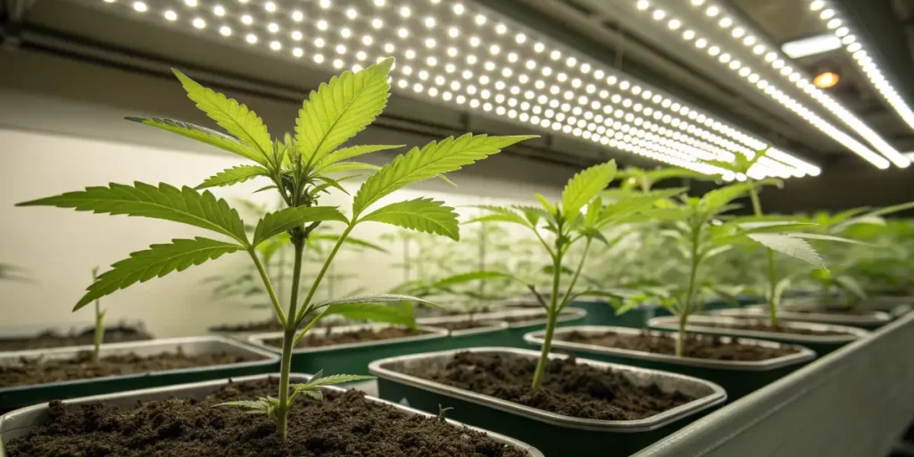 Young Domina cannabis seedlings growing under LED grow lights.