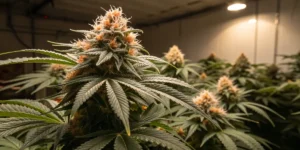 Cannabis plant durban poison with mature buds and frosty trichomes indoors.