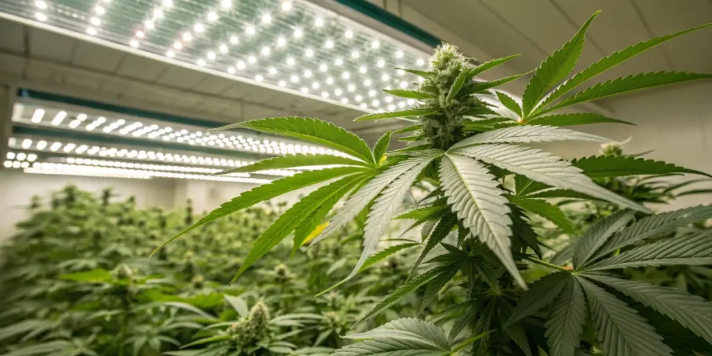 Cannabis plant growing under LED lights during the vegetative phase.