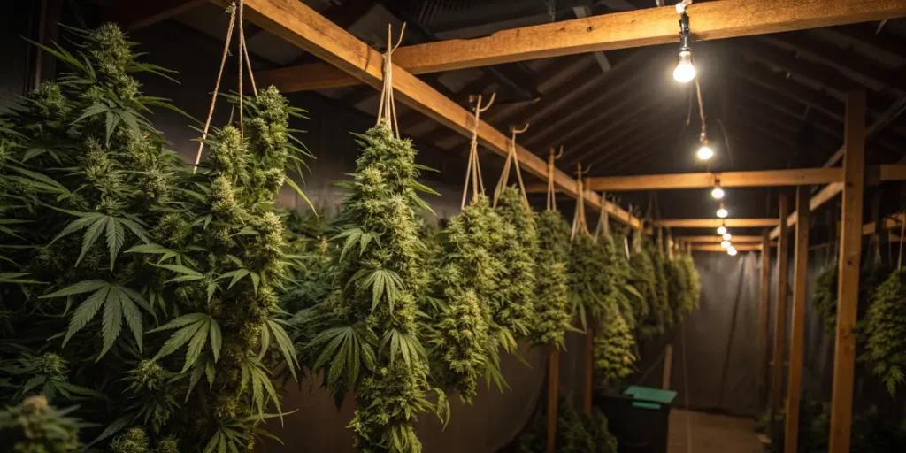 Early Skunk Auto buds suspended in rows inside a ventilated drying area.