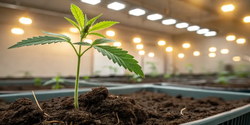 Young Fat Bastard Auto seedling growing in soil under warm indoor lighting.