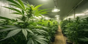 Forbidden Fruit cannabis plants growing indoors under bright LED lights.