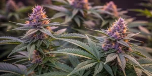 Afrodite cannabis flowering plant with purple buds and orange hairs.