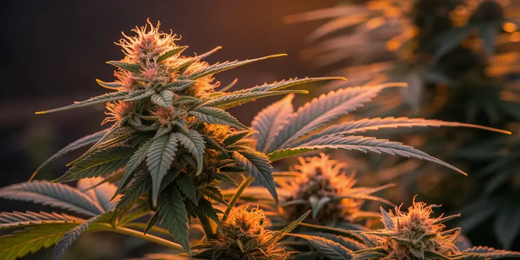 Fruity Pebbles cannabis flower covered in resin as evening light shines through.