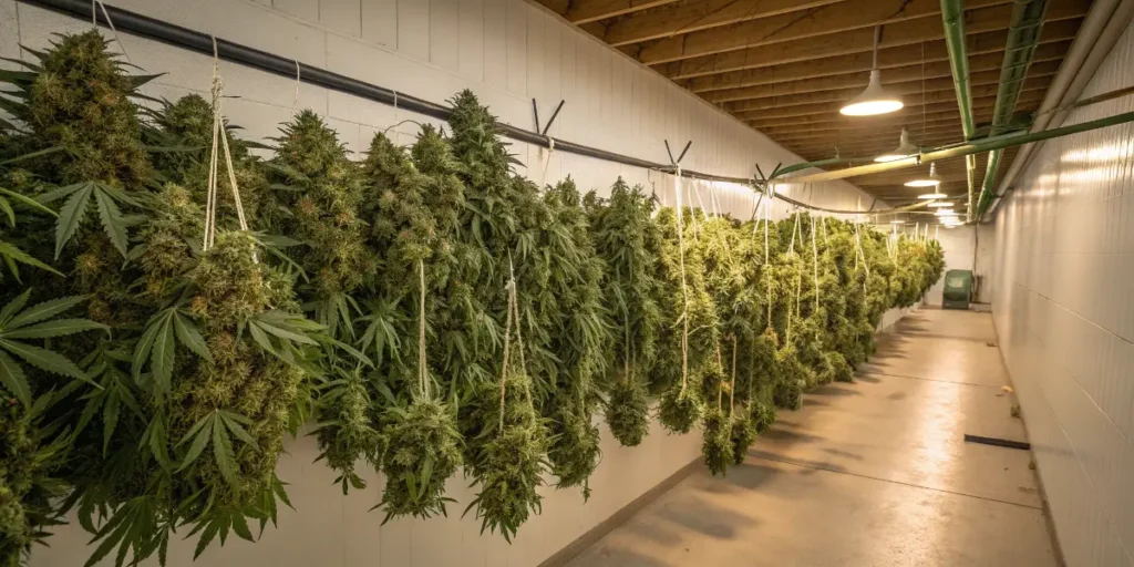 Gary Payton cannabis hanging to dry in a temperature-controlled room with rows of dense buds.