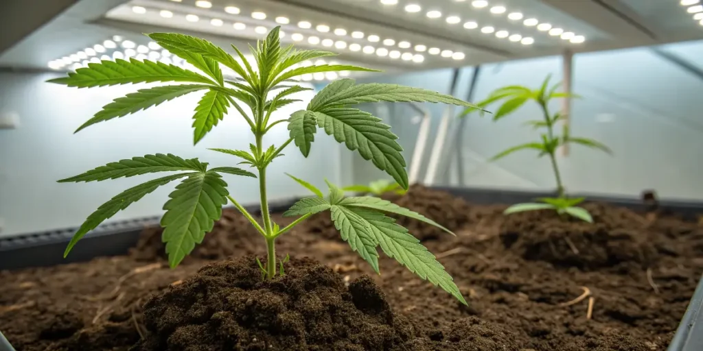 Small Ghost Train Haze seedling with bright green leaves thriving under uniform LED lighting.
