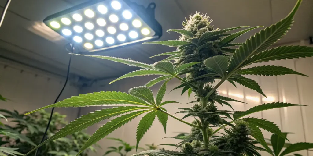Flowering Ghost Train Haze plant with resinous buds illuminated by circular LED grow lights.