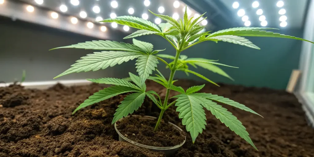 Ghost Train Haze seedling growing in loose soil under bright LED panels in early development.