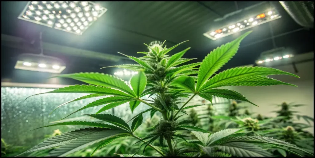 Tall Ginger Punch Auto plant developing strong foliage beneath uniform LED lighting in an indoor environment.