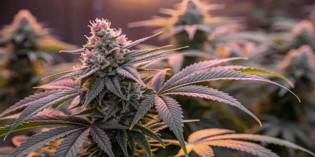 GMO bud covered in dense trichomes with purple tones under soft pink grow lights.