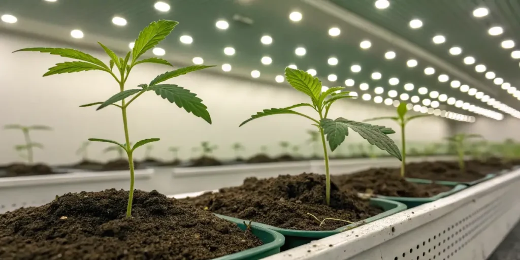 Gnomo Auto seedlings growing evenly in pots under continuous LED illumination indoors.