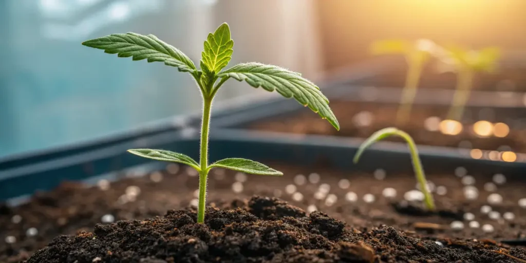 Early-growth Goji Og seedling emerging from soil in a warm indoor setup with soft sunlight.