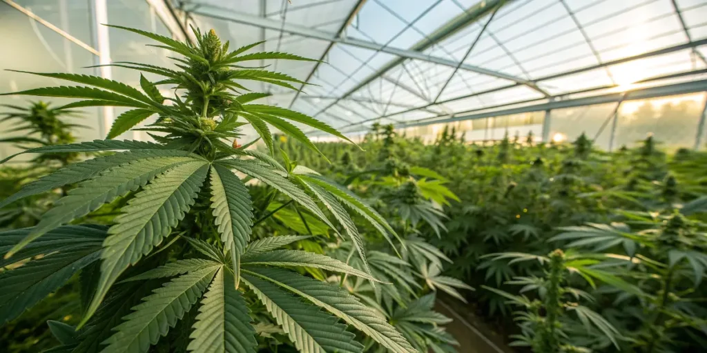 Grow Gorilla Purple Auto developing budding sites inside a bright sunlit greenhouse.