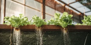 Hydroponic lettuce plants with exposed roots being irrigated inside a greenhouse.