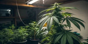 Indoor cannabis plant showing stress from overtraining