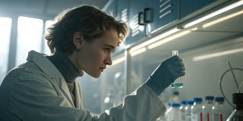 Scientist analyzing a liquid sample in a lab, researching how THC is stored in fat cells.