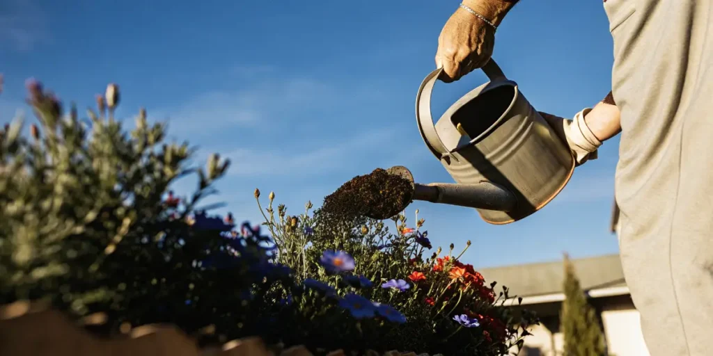 Gardener using a watering can to hydrate colorful garden flowers