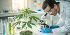 A scientist in protective gear studies a annabis Impact Heart Health under a microscope in a laboratory setting.