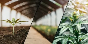 Time-lapse style composition showing the cannabis growth stages from seedling to flowering.