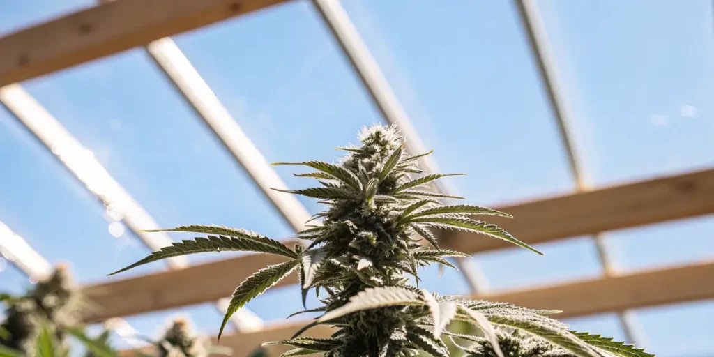 Cannabis plant growing in greenhouse with sunlight and blue sky
