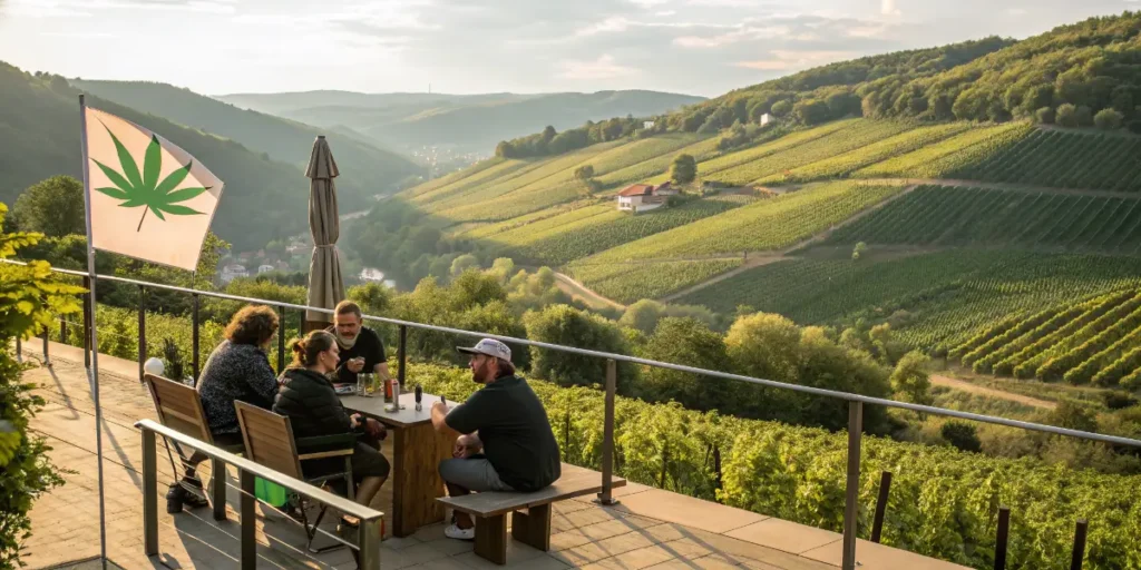 Members sitting at an outdoor terrace of a cannabis social club in Germany overlooking vineyards