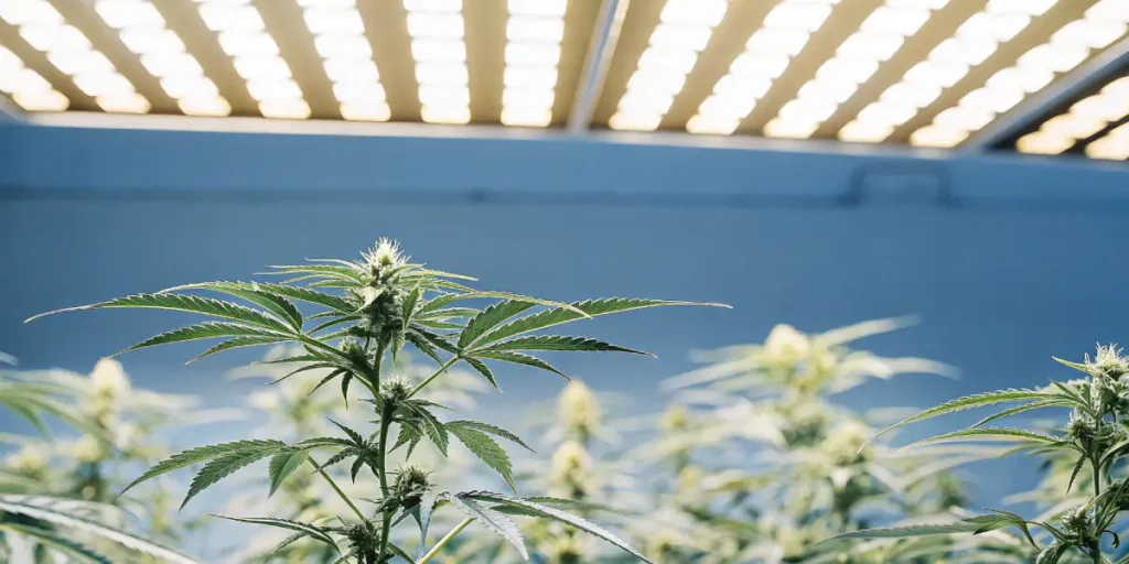 cannabis plant under bright LED grow lights in an advanced indoor cultivation setup