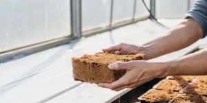 Close-up of a gardener holding a dry coco fiber block for cannabis seedlings in a greenhouse.