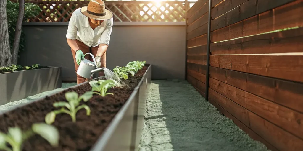 Woman gardener watering seedlings in a raised garden bed on a sunny day.