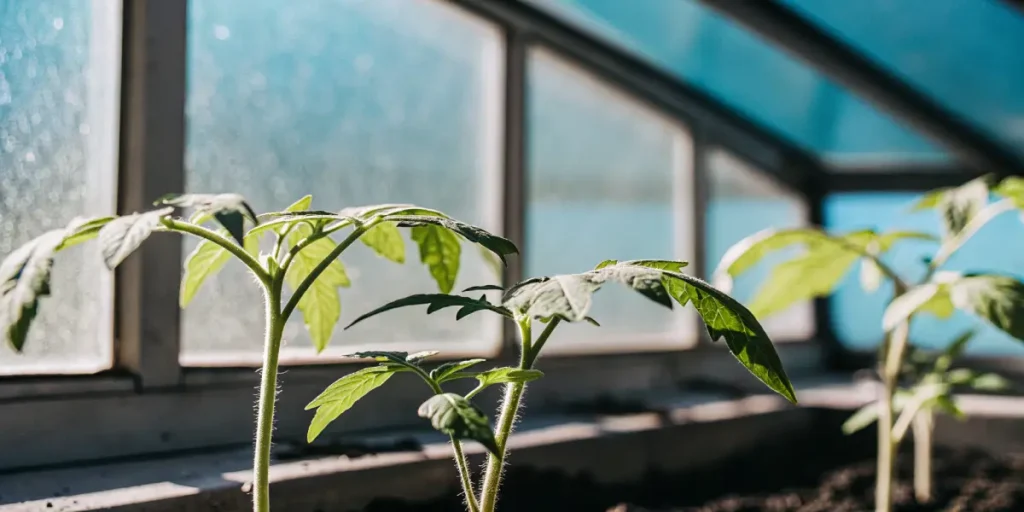 Close-up of tomato seedlings growing in soil inside a greenhouse.