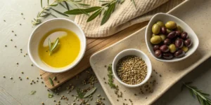 Hemp seed oil vs olive oil with olives, seeds, and herbs displayed in a modern kitchen setting