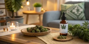 Hexahydrocannabinol HHC bottle surrounded by cannabis buds and accessories on a work desk